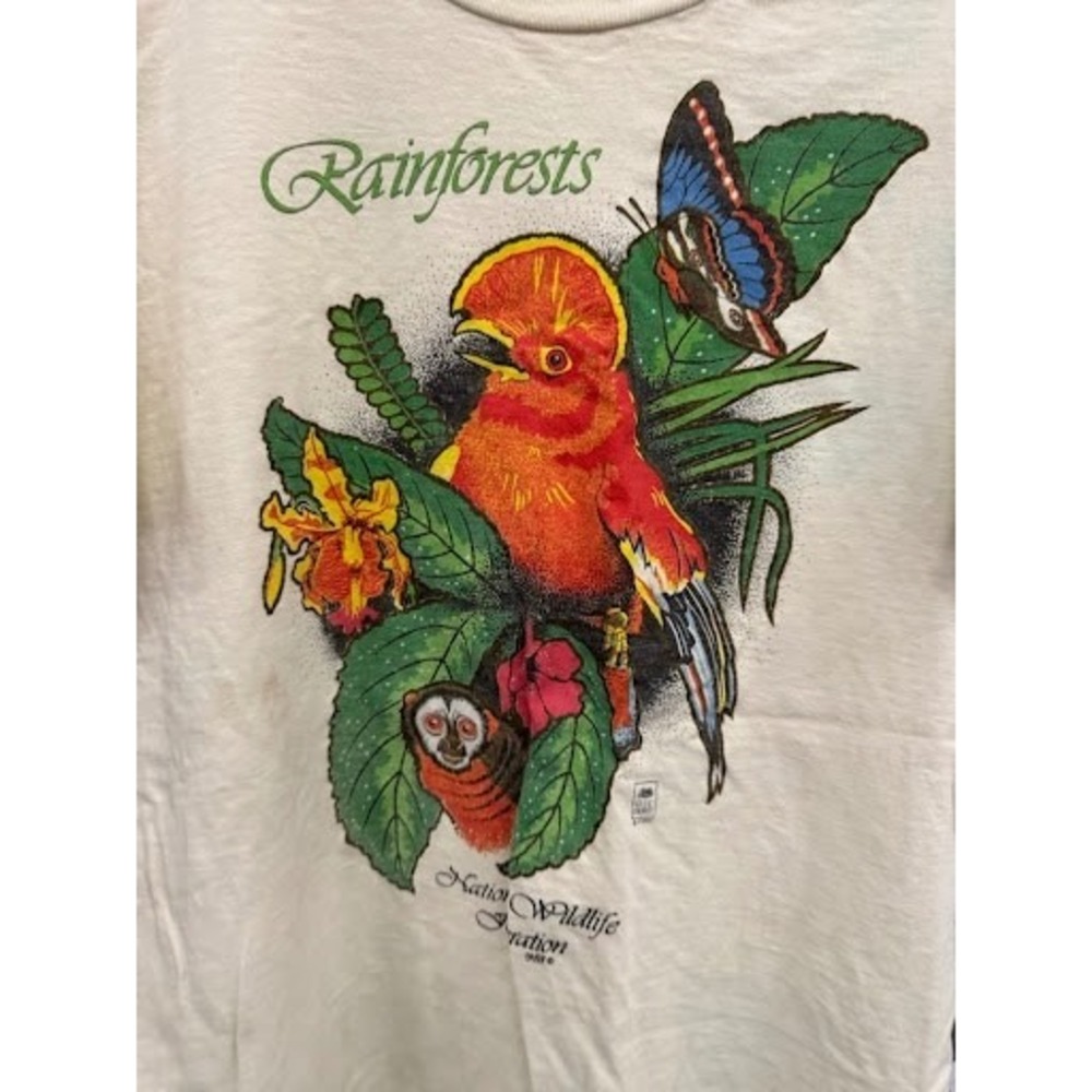 Vintage 1988 National Wildlife Federation Rainforests T-Shirt Cream Mens Large